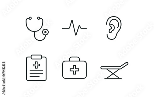 simple outline stroke icon isolated on white background: stethoscope ring pulse line ear tip patient chart medical bag exam table