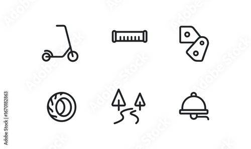simple outline stroke icon isolated on white background: kick scooter grip bar folding hinge rubber tire park path scooter bell