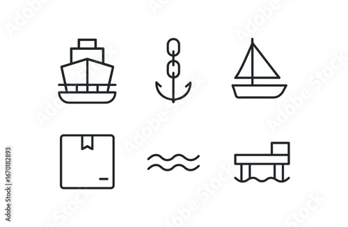 simple outline stroke icon isolated on white background: ship deck anchor chain sail mast cargo box wave line port dock