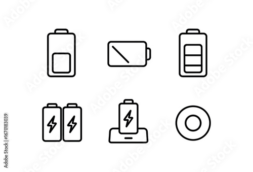 simple outline stroke icon isolated on white background: battery icon low charge full charge battery pack charging dock green light