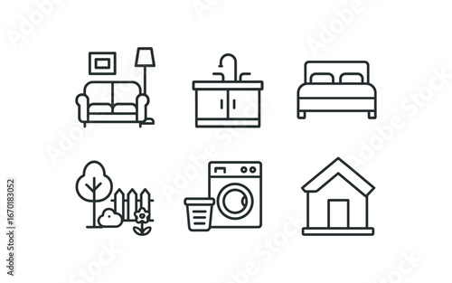 simple outline stroke icon isolated on white background: living room kitchen sink bedroom bed garden yard laundry room house