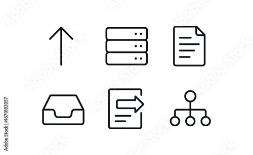 simple outline stroke icon isolated on white background: upward arrow server rack data sheet outbox tray export slip network line