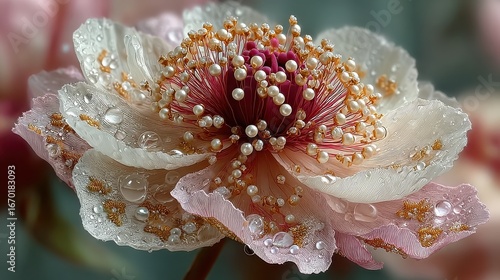 Magnificent close-up of a delicate white flower adorned with tiny golden beads and shimmering water droplets creating a surreal and enchanting natural masterpiece