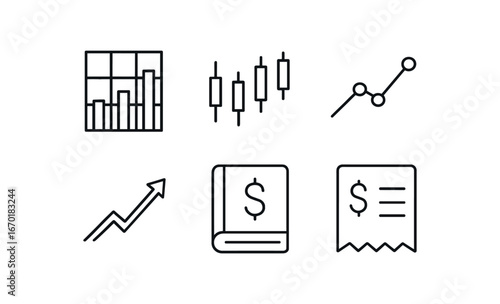simple outline stroke icon isolated on white background: bar chart grid candlestick chart trend line growth arrow budget ledger payout slip