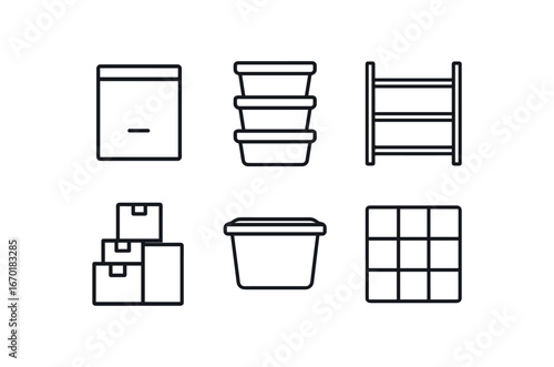simple outline stroke icon isolated on white background: storage stacked bins shelf rack box pile container lid grid lines