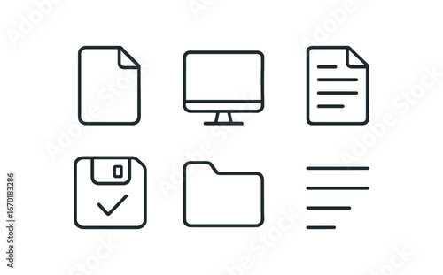 simple outline stroke icon isolated on white background: digital file screen icon document page save mark folder frame text lines