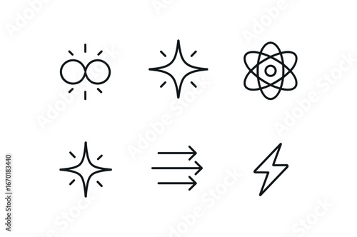 simple outline stroke icon isolated on white background: fusion glow atom bond bright spark arrow lines energy mark