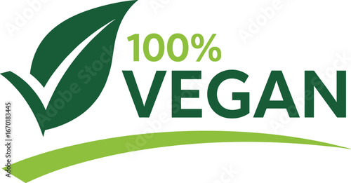 100% vegan logo design, green leaf icon, checkmark symbol, eco-friendly branding, plant-based, natural, healthy, organic, clean, certified