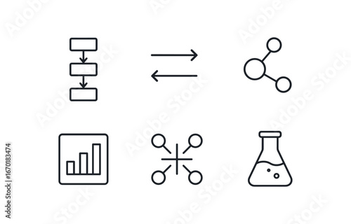 simple outline stroke icon isolated on white background: synthesis flow arrows atom bonds chart box structure mark lab flask