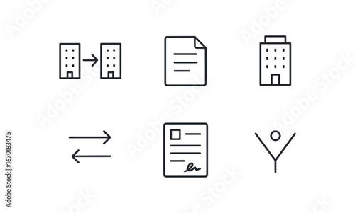 simple outline stroke icon isolated on white background: corporate merger document sheet building icons arrow flow contract page joint mark