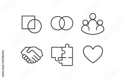simple outline stroke icon isolated on white background: union linked rings group circle handshake mark puzzle join heart icon