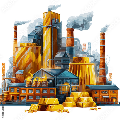 A magnificent golden factory is in full swing, with tall smokestacks emitting billows of smoke. The factory, surrounded by rocky terrain and autumn trees, is processing molten gold that spills over th