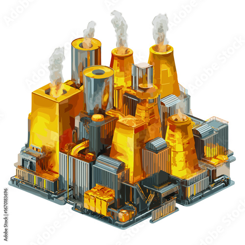 A magnificent golden factory is in full swing, with tall smokestacks emitting billows of smoke. The factory, surrounded by rocky terrain and autumn trees, is processing molten gold that spills over th