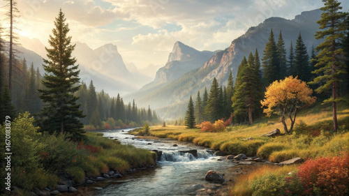 Majestic mountain valley with a flowing river and pine forest at sunrise