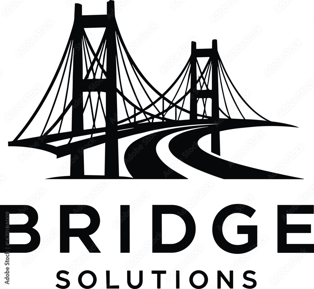 Obraz premium Bridge logo design, suspension bridge illustration, engineering company branding, infrastructure symbol, curved structure, support, consulting, modern, blue, solutions