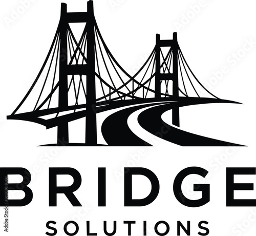 Bridge logo design, suspension bridge illustration, engineering company branding, infrastructure symbol, curved structure, support, consulting, modern, blue, solutions