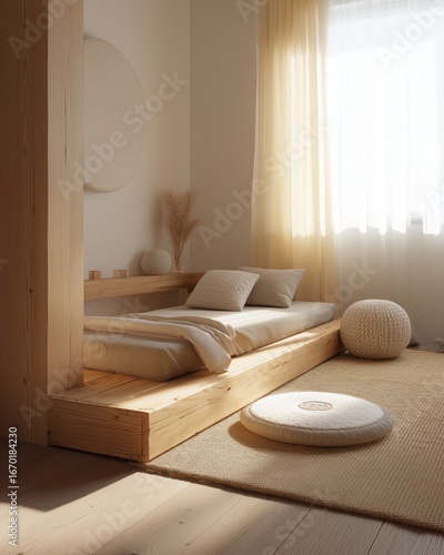Japandi style kids bedroom low wooden bed neutral.A bright, minimalist Wabi-Sabi style bedroom with a wooden platform bed, natural textiles and soft morning light.