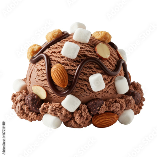 A perfectly formed, rich, dark brown Rocky Road ice cream scoop with visible marshmallows, almonds, and chocolate swirls, sharp focus on transparent background, soft bokeh. Concept for dessert