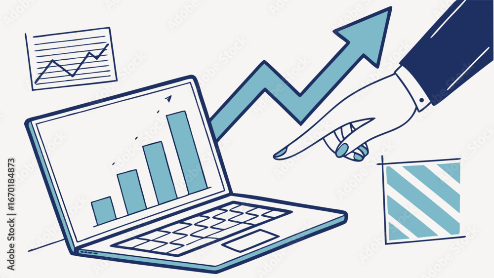 Obraz premium Laptop screen displaying upward trending bar graph with hand pointing at arrow indicating growth business success illustration.