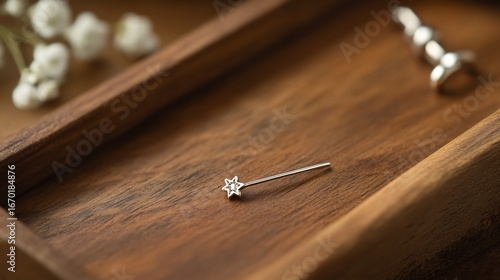 Minimalist nose pin made of sterling silver with a tiny star shape The pin sits on a wooden tray beside simple jewelry pieces emphasizing its subtle charm