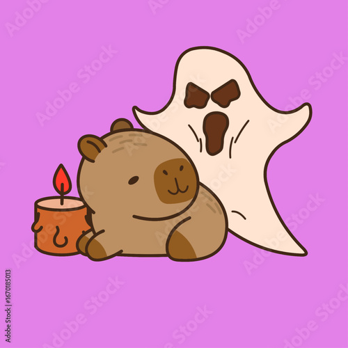 A cute vector illustration of a capybara staying cool while being startled by a ghost from behind on Halloween party. 