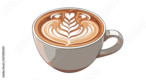 A beautifully crafted latte art coffee drink in a white ceramic cup, close-up.