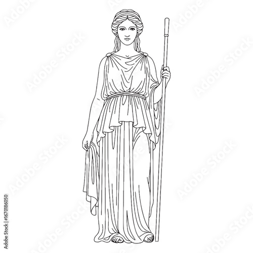 Protective Hestia Line Art – Vector Illustration of Fire and Home Greek Goddess Drawing – Hestia Drawing – Line Art Drawing of Hestia – Hestia Icon – Greek Goddess Vector