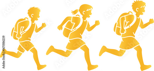 Running Students Golden Silhouette, Back to School Concept