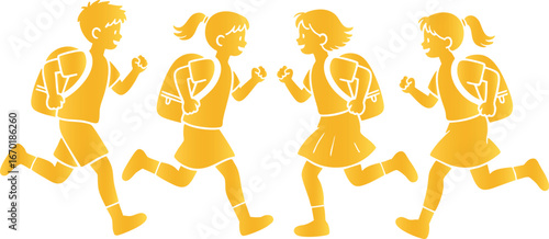 Golden School Children Silhouette Illustration on White