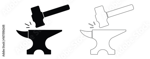 Smith Icons. Vector format.Blacksmith icon.Crafting and forging metal with hammer and anvil for blacksmithing projects Anvil and hammer. Vector icon isolated on white background.