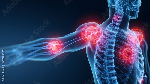 Digital medical illustration of human skeleton highlighting joint pain, arthritis inflammation, and musculoskeletal health issues