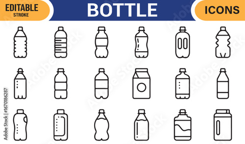 Vector Icons of Bottles, Plastic and Recyclable, Editable Stroke for Designers
