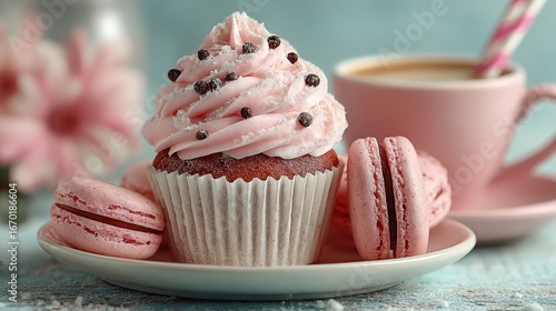 A pink cupcake with pink frosting and sprinkles sits on a white plate next to a pink cup of coffee