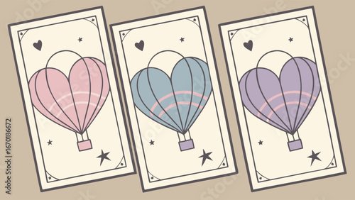 Heart-shaped hot air balloon illustration pastel colors romantic design three variations printable art whimsical design greeting card invitation scrapbook nursery decor childrens art Valentines Day l.