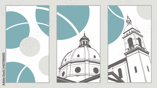 Triptych illustration of architectural details dome tower and abstract circles modern art minimalist design.