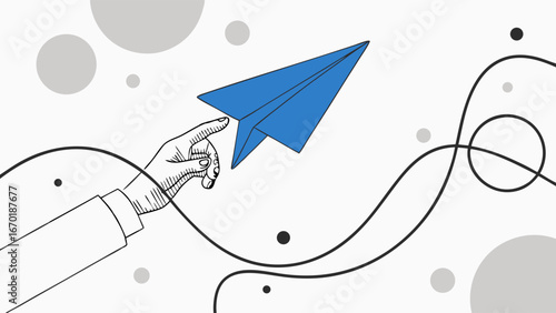 Hand launching a blue paper airplane abstract background with lines and circles concept of new beginnings goals and success.