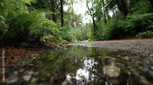 Close-up of water in the middle of a forest, a dirt path lined with ferns and trees, reflections of waterholes and pebbles on the side of the road, in a cinematic style.