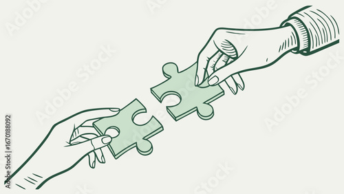 Two Hands Connecting Jigsaw Puzzle Pieces Teamwork Collaboration and Solution Concept Illustration.