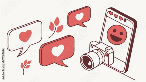 Social Media Concept Illustration with Hearts and Camera.