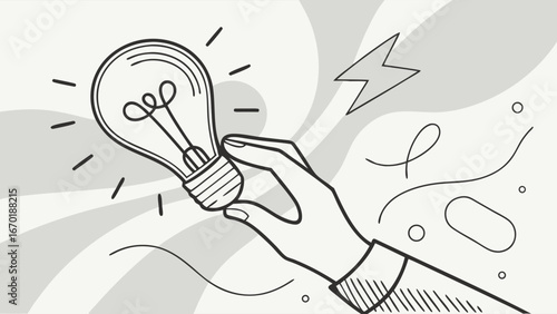 Hand holding a lightbulb idea innovation solution concept illustration sketch style creative thinking brainstorming inspiration design element business idea problem solving graphic design bright idea.