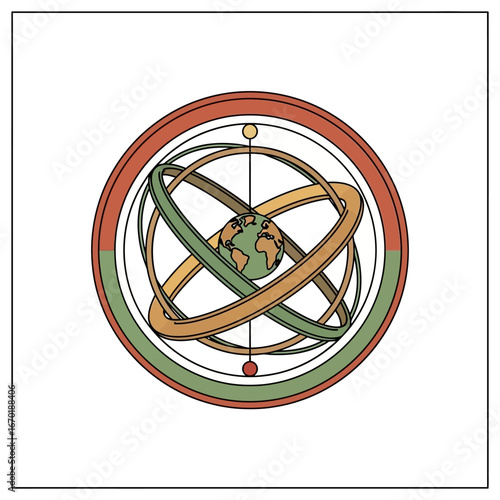 armillary sphere orbiting earth depicting global connections sustainable future in shades of green gold and brown ideal for science blogs educational graphics