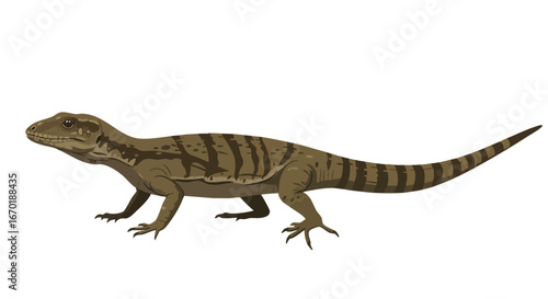 A detailed illustration of a prehistoric lizard with brown and dark stripes, standing on four legs with its tail extended.