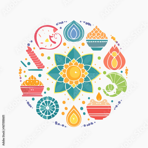 Indian culture vector icon set with mandala, lotus, diya, Taj Mahal, elephant, peacock, yoga, and food symbols. Clean minimal design, scalable for creative projects