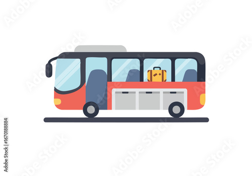 Illustration of a bus with luggage inside, traveling on a road.