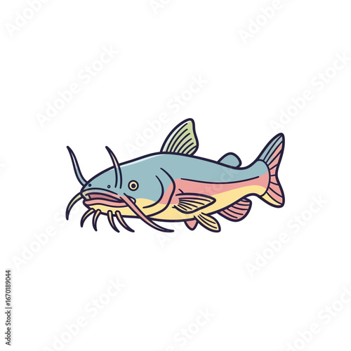Cartoon catfish illustration swimming showcasing freshwater wildlife and unique barbels perfect for childrens books and nature education materials.