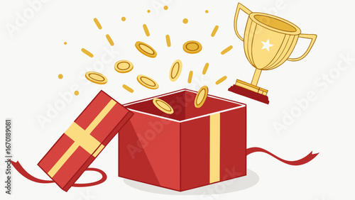 Prize Box with Gold Trophy and Coins Flying Out.