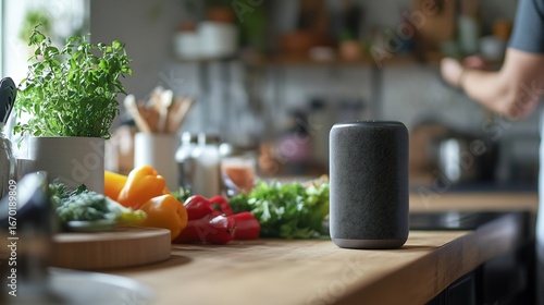 Minimalist portable speaker on a kitchen counter playing music while someone prepares a meal surrounded by fresh ingredients creating a cozy and vibrant cooking atmosphere