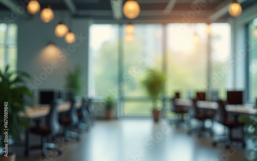 Modern business office without people with blurred bokeh background tables chairs computers plan  copy space green office concept : Generative AI. High quality