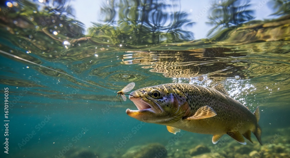 Fototapeta premium Trout swimming underwater while chasing a fly in clear water 