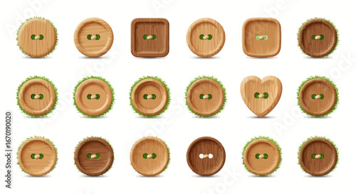 Vector Icons Set of Collection of realistic wooden sewing buttons in various shapes and sizes isolated on a white background. Vector Illustrations. EPS Editable